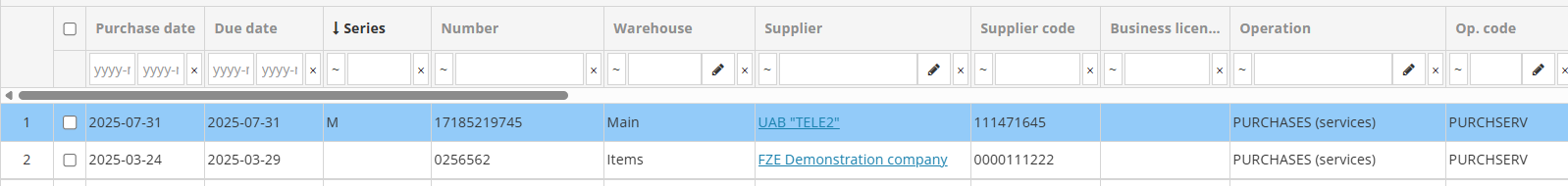 Artificial intelligence recognized purchase invoices highlighted in blue